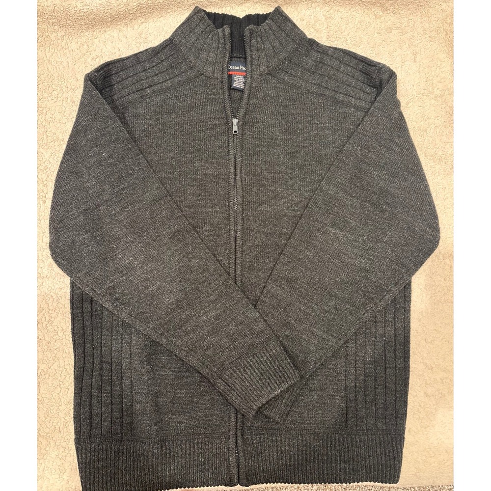 Ocean Pacific Mens Full Zip Sweater Charcoal Gray Mock Neck Ribbed Knit Medium